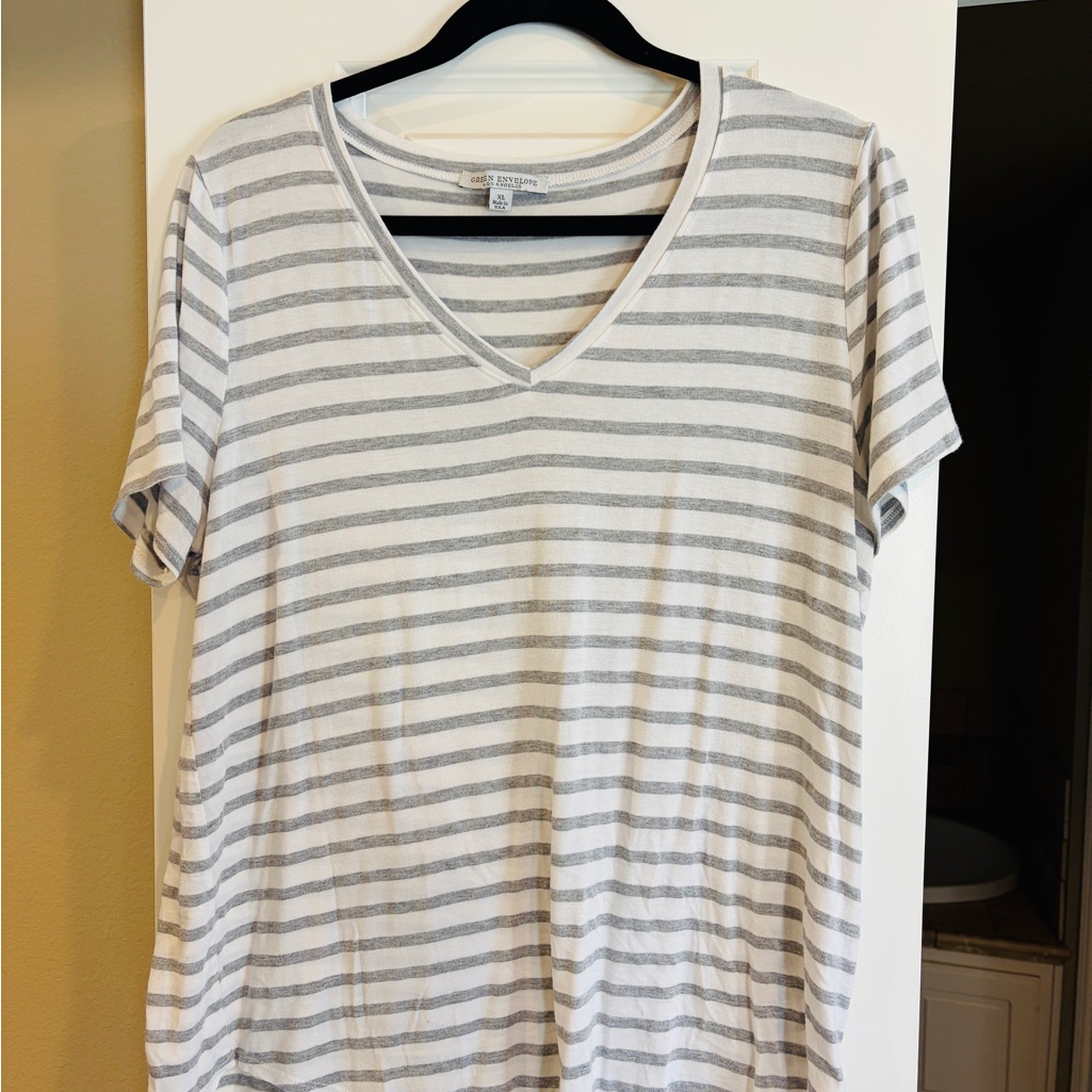 Green Envelope Gray And White Striped V-Neck Tee